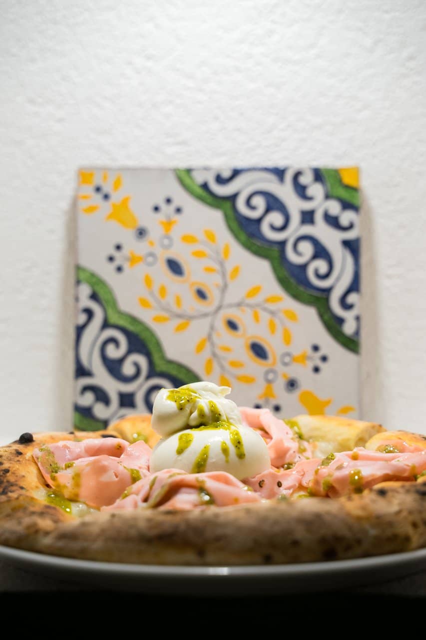 Pizza with Pistacchio, Mortadela, and Burrata