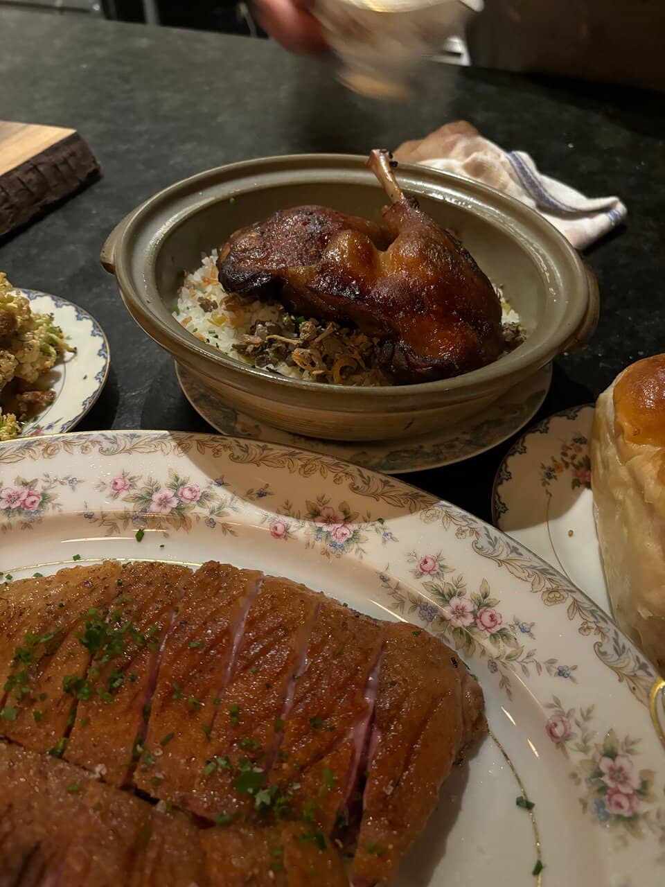 Steam Roasted Duck Legs on Dirty Rice