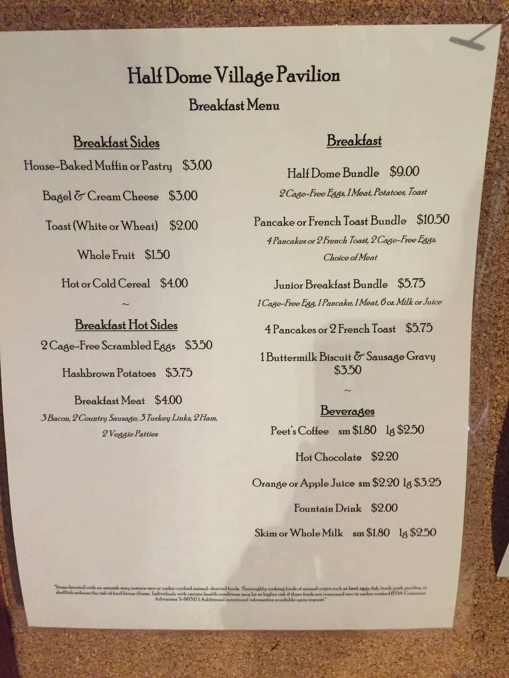 Half Dome Village Pavilion Breakfast Menu