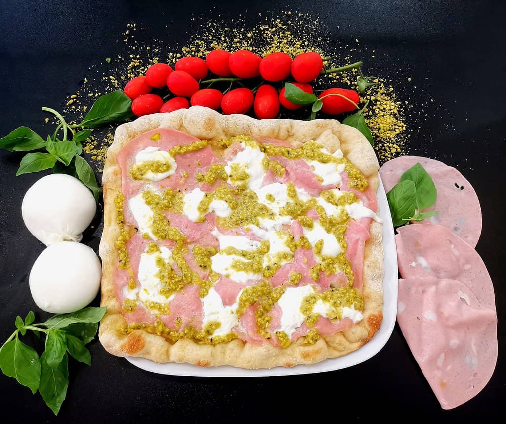 Mortadella, Burrata, and Pistachio Pizza