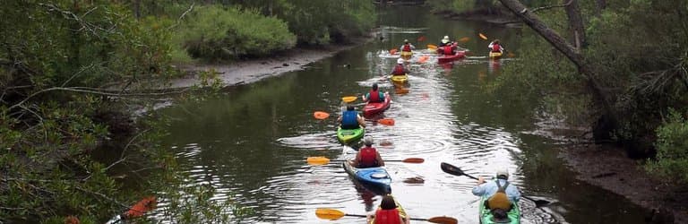 Kayaking group as seen from the covered bridge
