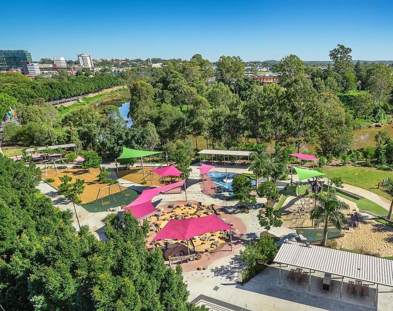 Aerial view over the play and picnic area at the River Heart Parklands.