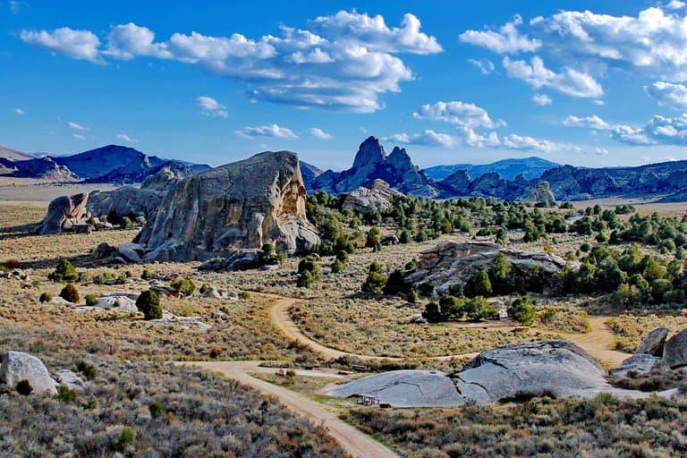 View of campground, Elephant Rock and Twin Sisters