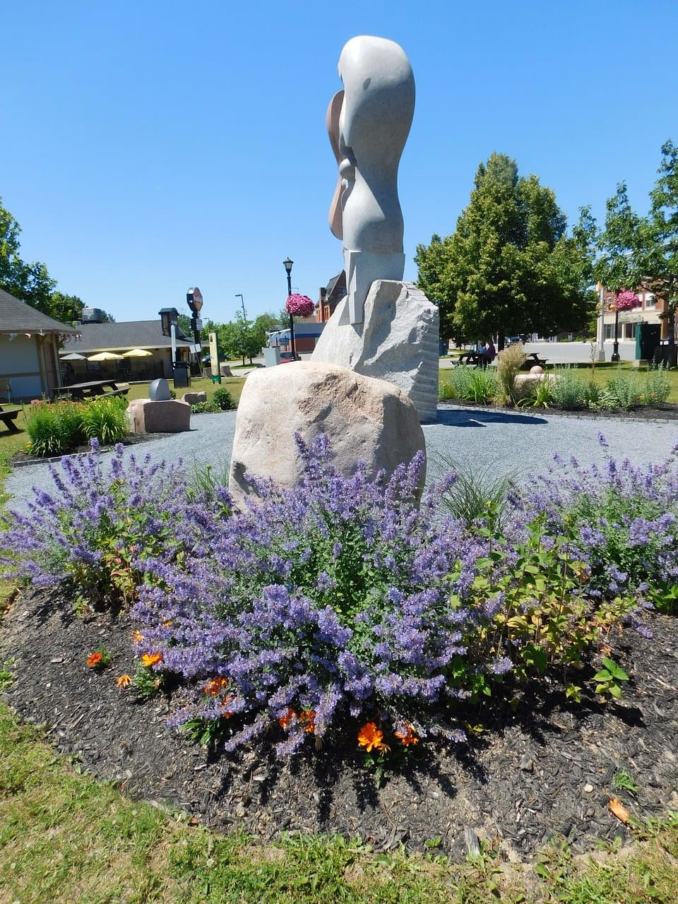 Statue and flower beds
