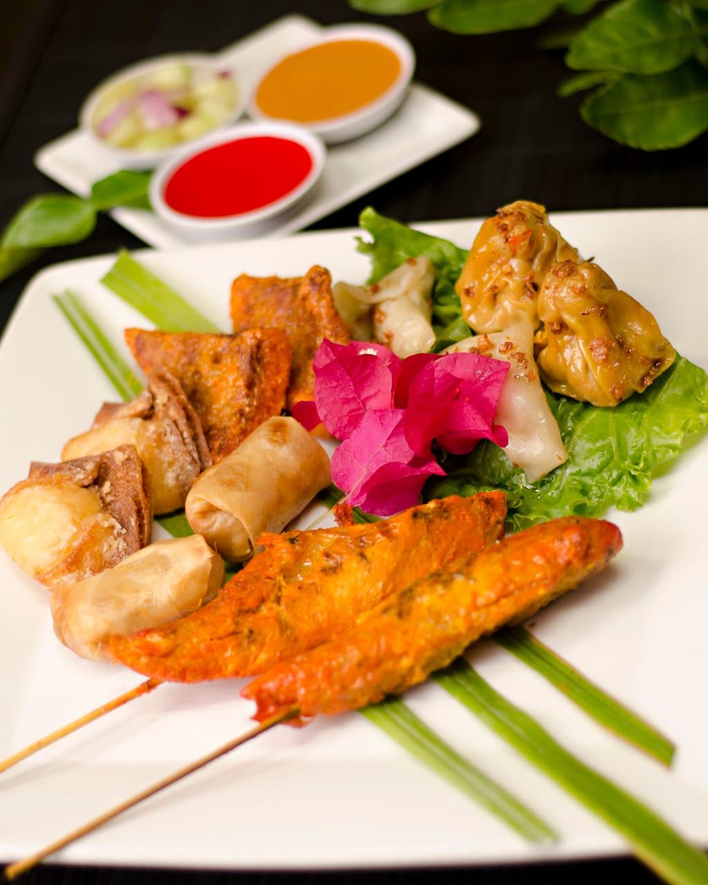 A Taste of Thai
Two spring rolls, chicken satay, Thai toast, crab rangoons, siamese kisses & tofu spinach potstickers with six housemade sauces.