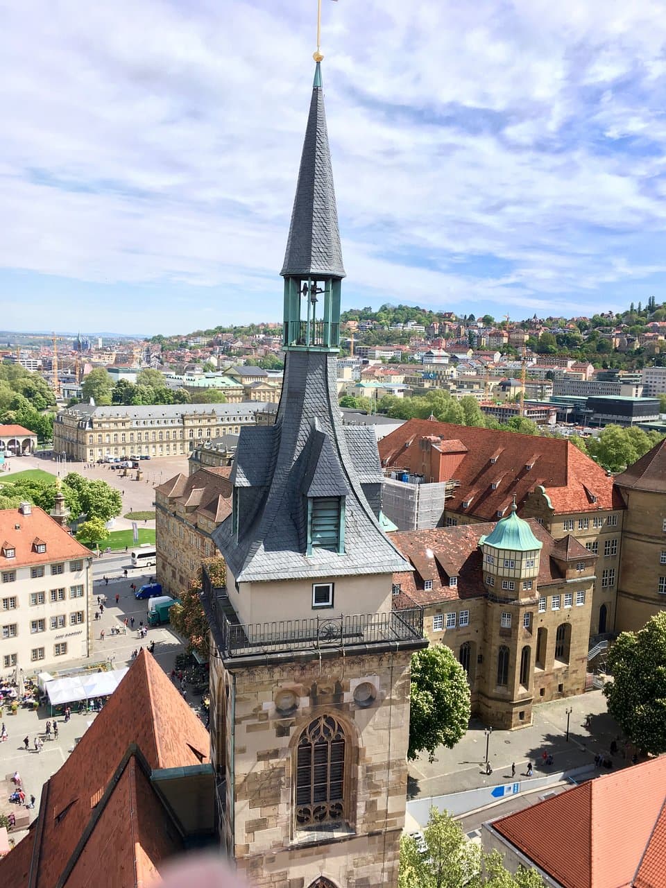looking from the main bell tower at one of the Stiftskirche side towers.  You can see the 'alter Schloss' aka. old castle in the background.