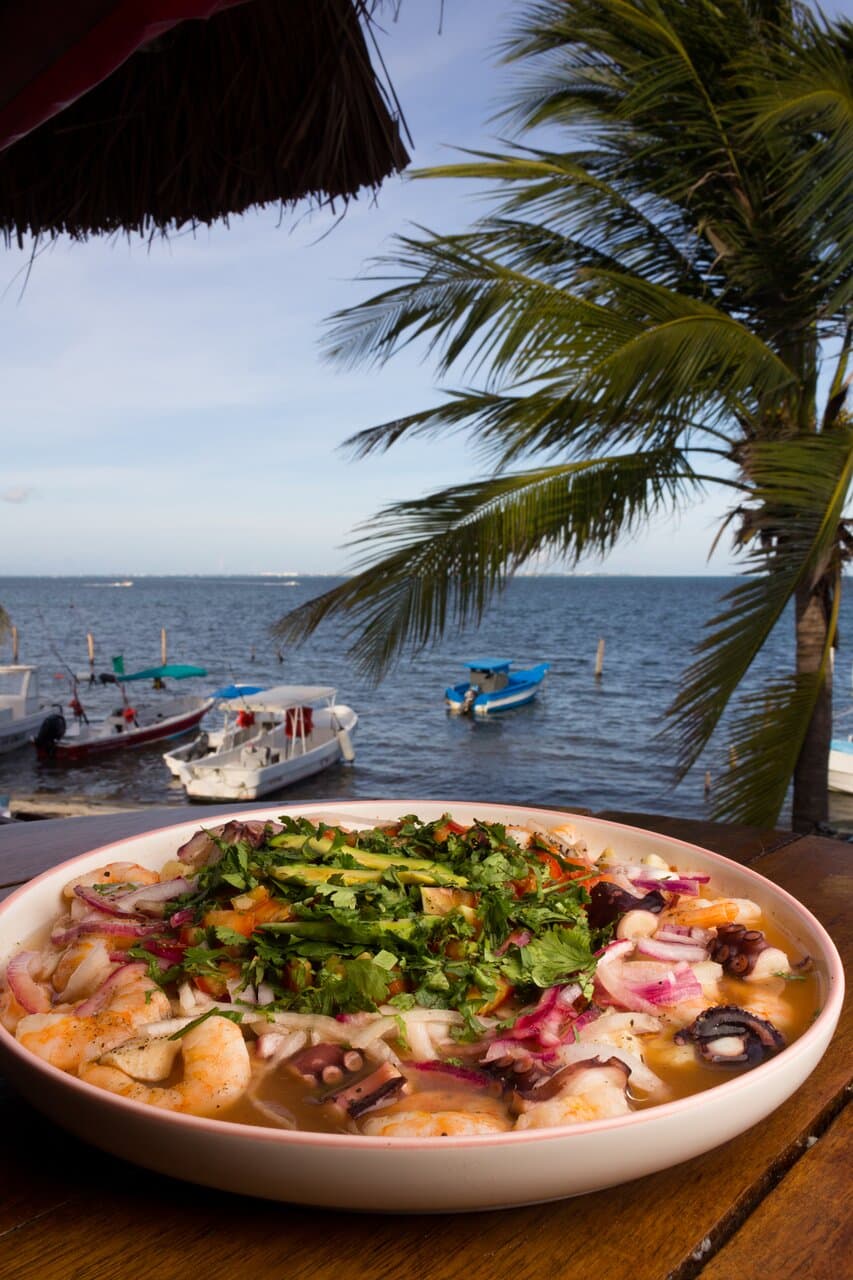Disfruta un delicioso ceviche tradicional de camarón y pulpo desde nuestra terraza