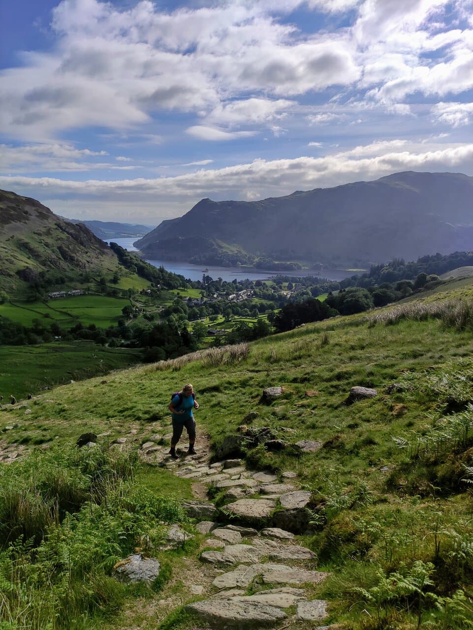 The first stage of the uphill hike is the steepest and offers spectacular views of Ullswater whenever you stop for a breather and turn around.