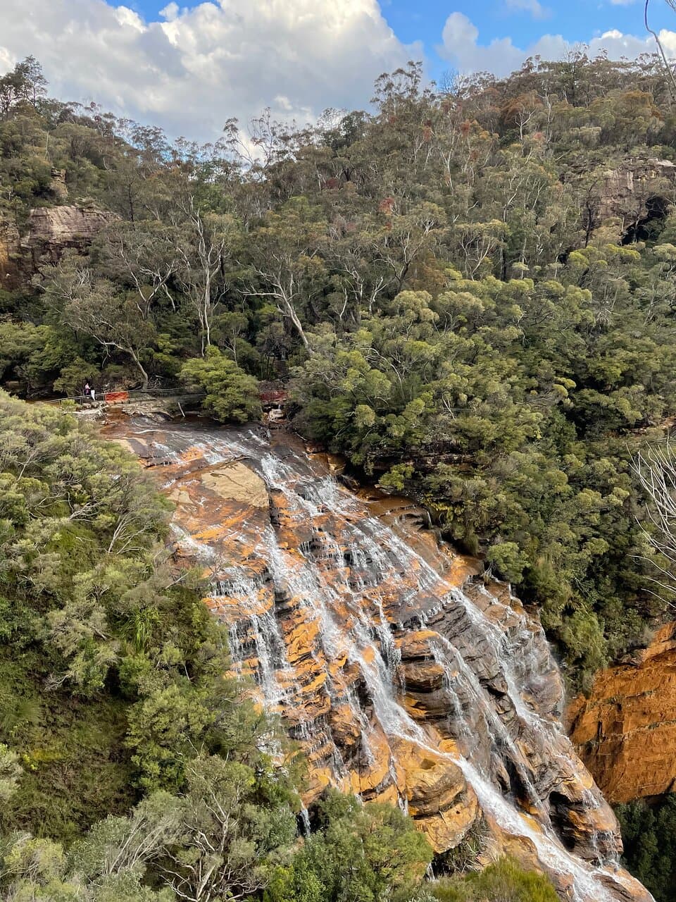 Close-up views of the top section of Wentworth Falls, from Fletcher's Lookout. Across the top of the waterfall, you can see tiny ant-like people, walking along the very edge of the waterfall.