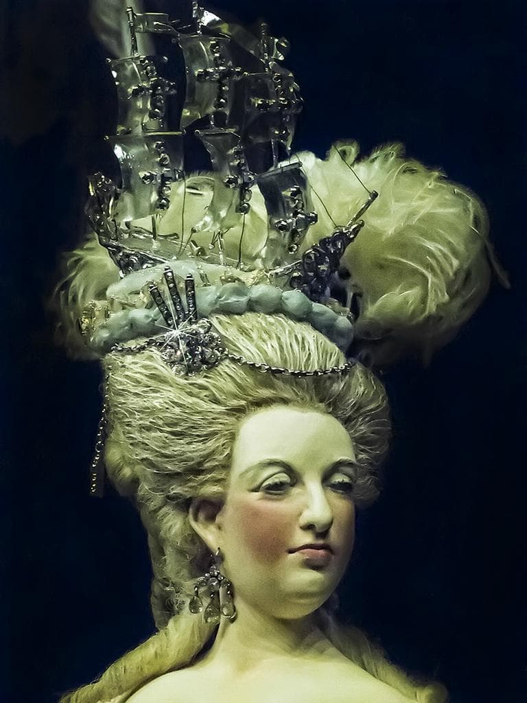 Closeup of Queen Marie Antoinette wearing the Regent Diamond in her hair