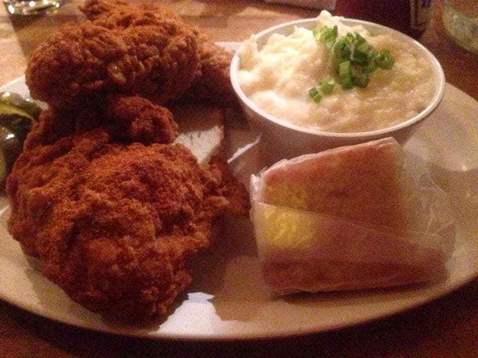 HOT fried chicken, mashed potatoes, cornbread. This will make your lips tingle.