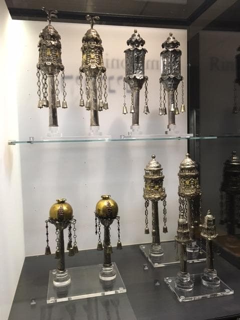 Torah rimonim (handle covers) with bells on loan from Via Mazini Synagogue