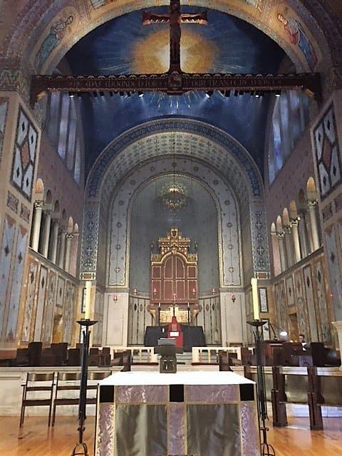 View from the nave towards the high altar; Oberammergau triptych closed for Lent