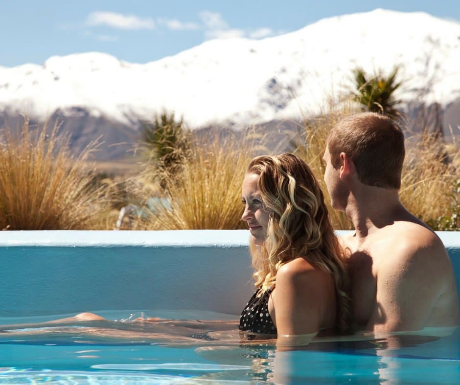 Hot pools with snowy mountains