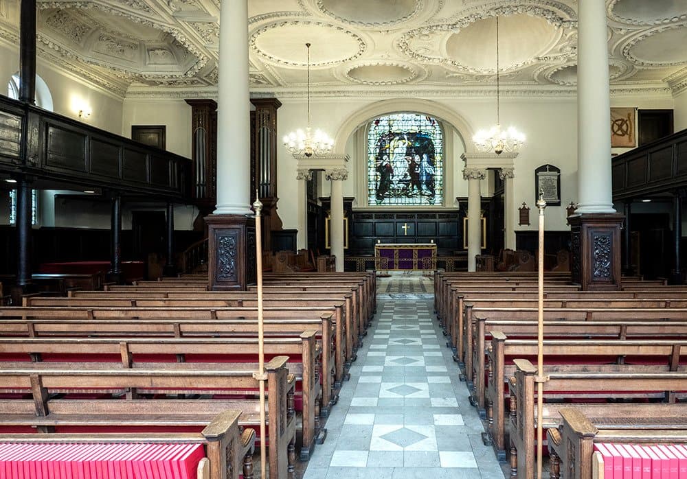 East end with stained glass window of Resurrection.