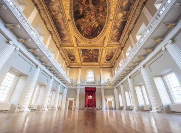 A view of the great hall and its ceiling decorated with paintings by Sir Peter Paul Rubens, at Banqueting House. 
