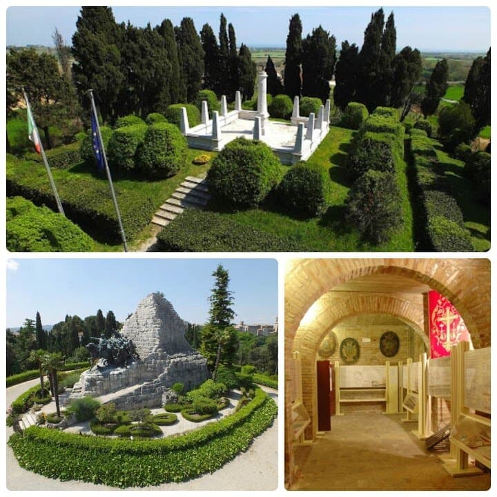 I luoghi del Museo diffuso nel territorio.
In alto l'Ossario-Sacrario, a sinistra il Monumento Nazionale delle Marche, a destra una delle sale del Museo del Risorgimento.