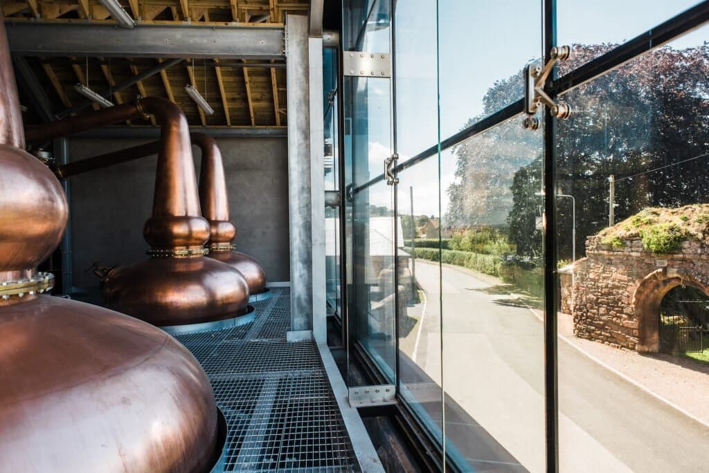 The copper stills at Lindores Abbey Distillery