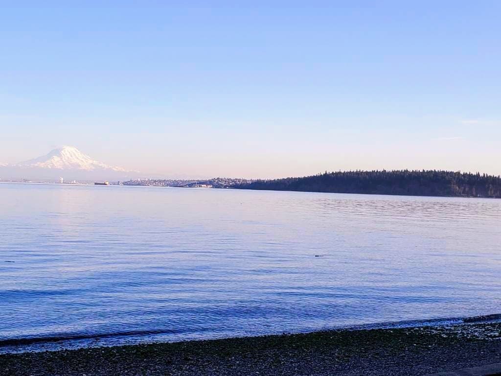 View across the water to Mount Rainer above the Port of Tacoma