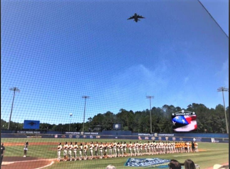 Military flyover at Hoover Met Stadium during National Anthem.