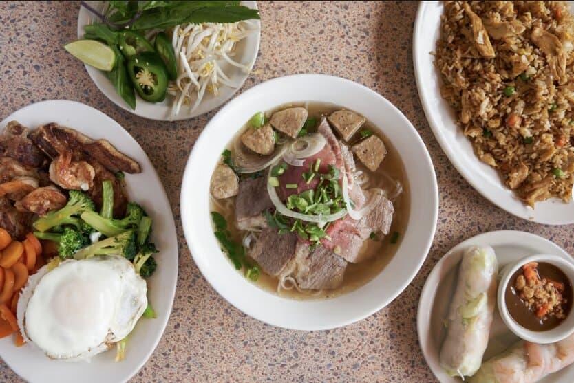 #8: Grilled porkchop, shrimp, and a fried egg served with steamed rice, broccoli, and carrots #33: Beef combination pho (rare and well done beef, meatball, tendon, and tripe served with our 24 hour simmered beef broth #13: Chicken fried rice Fresh springrolls