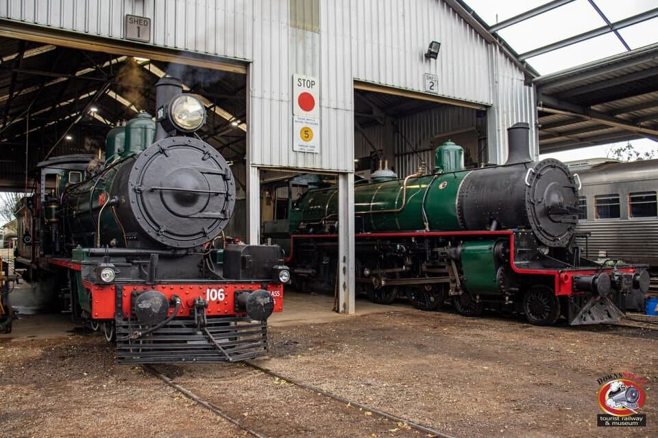 Both our beautifully restored steam locomotives at our restoration shed