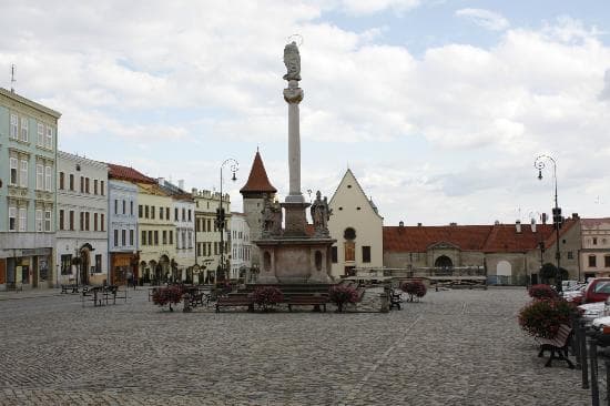 Masaryk Square with the plague memorial in the foreground
