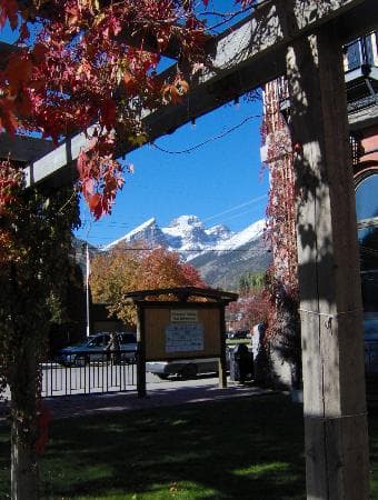 The Three Sisters as seen from the garden at Fernie Heritage Library
