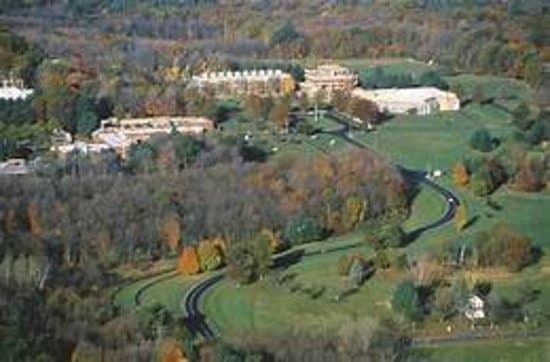 Aerial view of the Hampshire campus (Hampshire is great for outdoorsy students). 