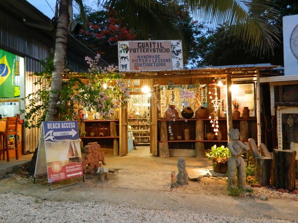The store front at dusk.