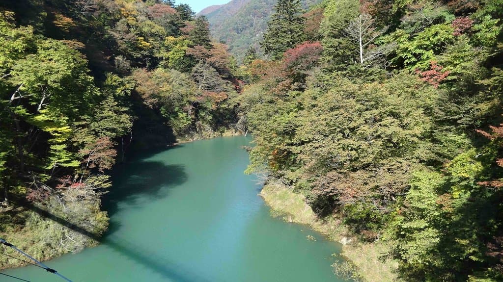 湖面に映る吊り橋の影