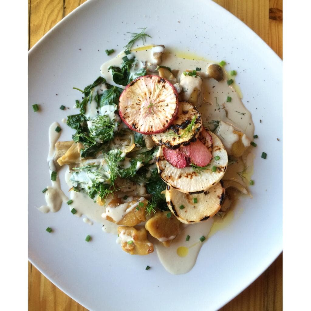 Former rotating Farmer's Market Plate: Vegan sweet potato gnoochi with turnips and cashew cream 