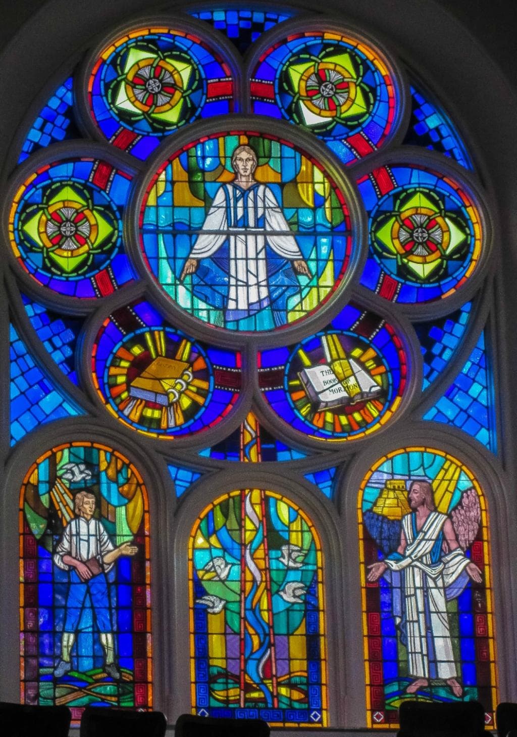 Stained Glass with Angel Moroni, Book of Mormon, Christ in America and Joseph Smiith