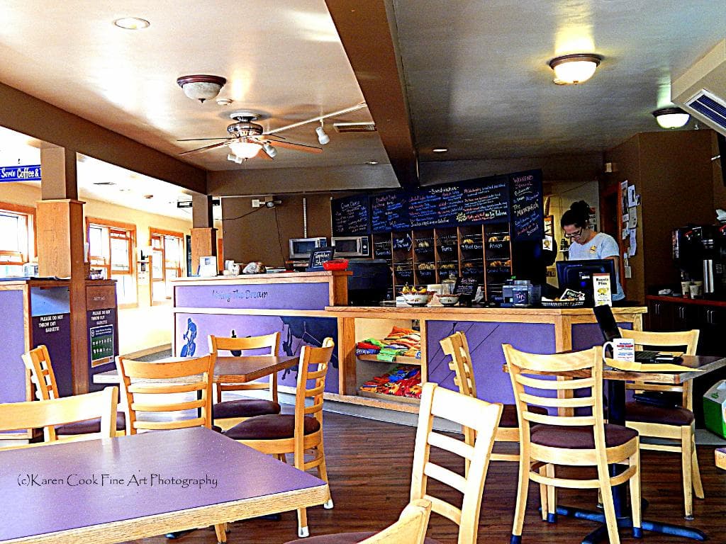 Bagels Plus seating area and display case