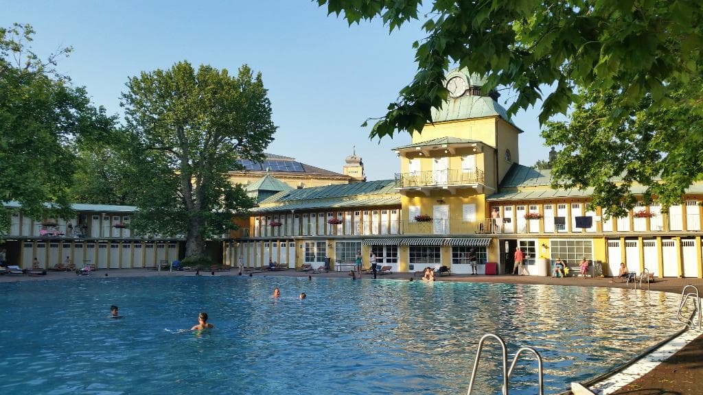 View of the main building seen from the pool, June 2015