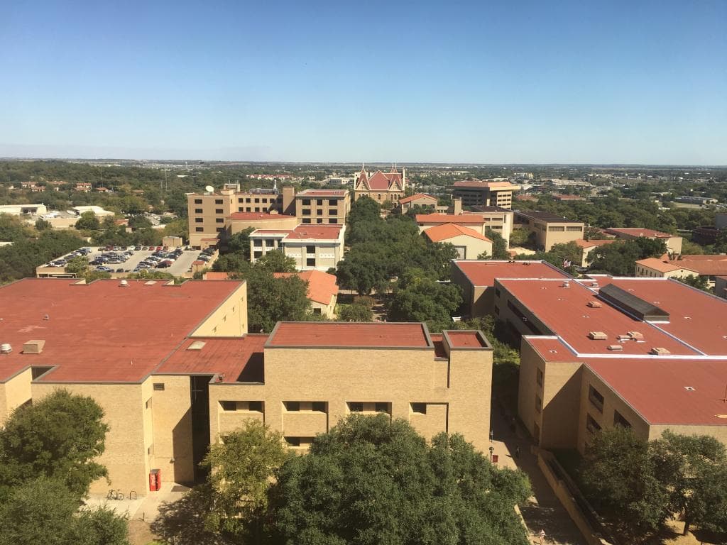 View from atop of the 7th floor of the Alkek Library.