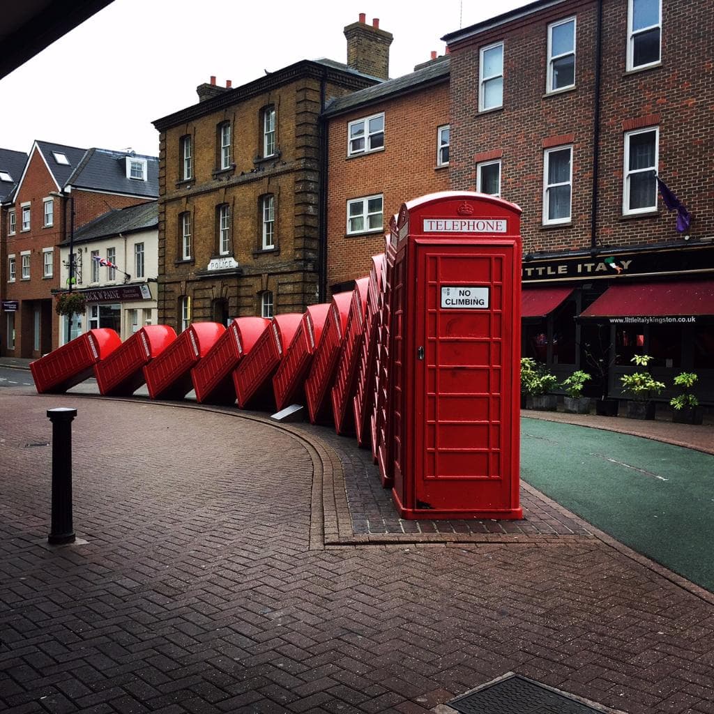 12 K6 telephone kiosks Out of Order made in 1989 in Kingston by Scottish sculptor David Mach