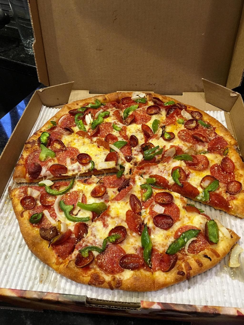 Pepperoni Magnifico - two kinds of pepperoni. I add onion and green pepper (optional).