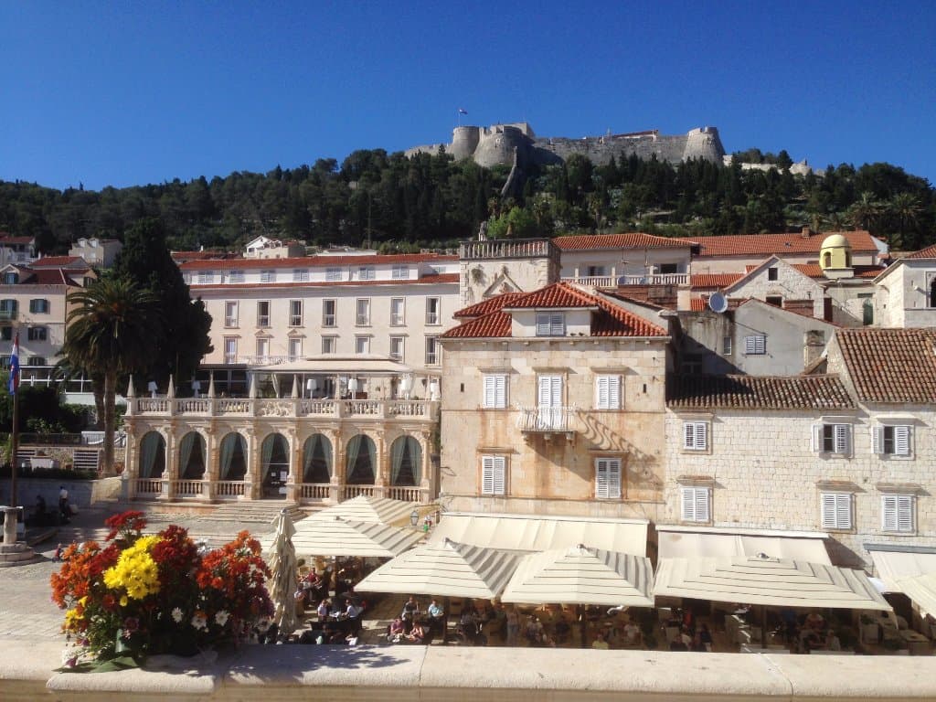 View of the Town Loggia and Citadel from the terrace of the Arsenal, Hvar, Croatia