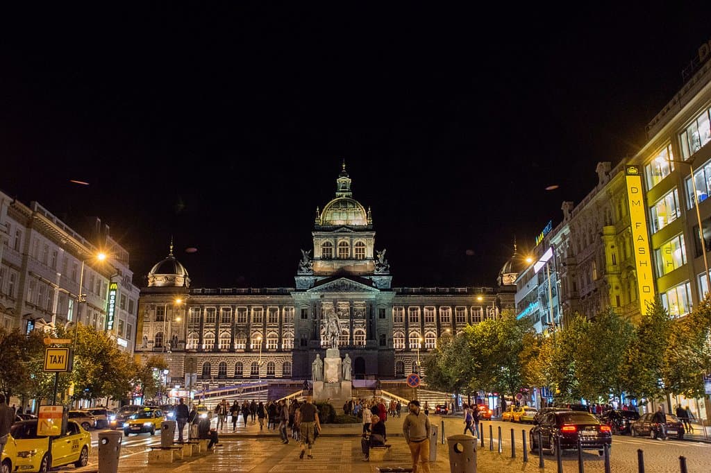 The upper part of Wenceslas Square at night
