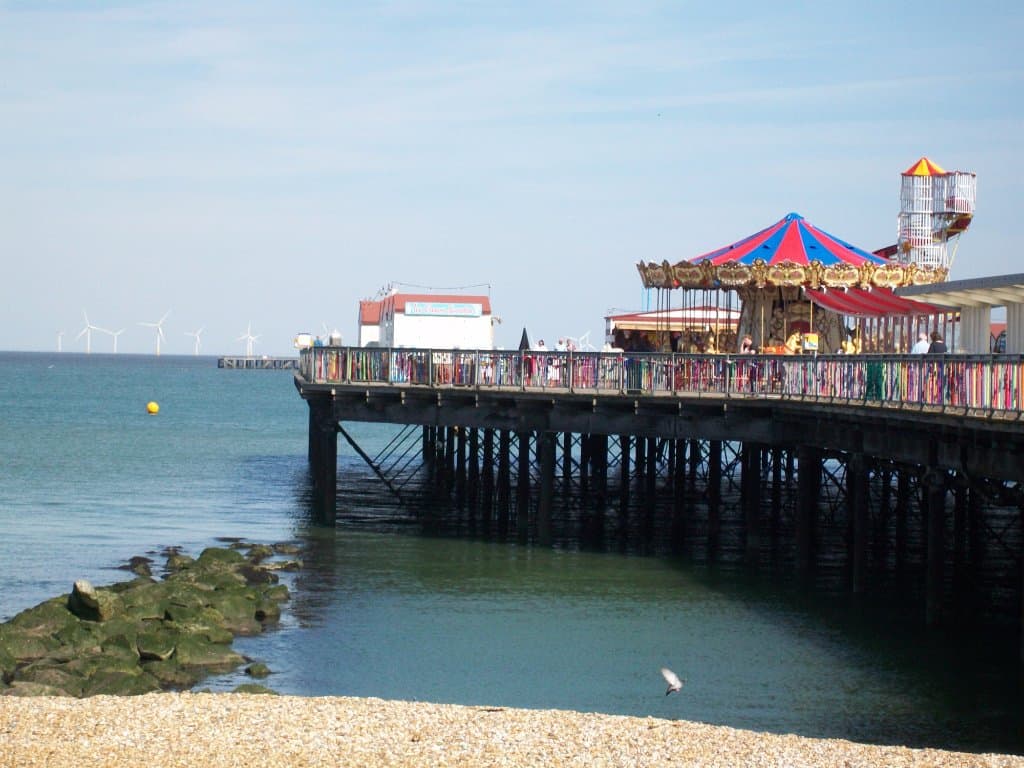Herne Bay Pier with view across to the attractions.