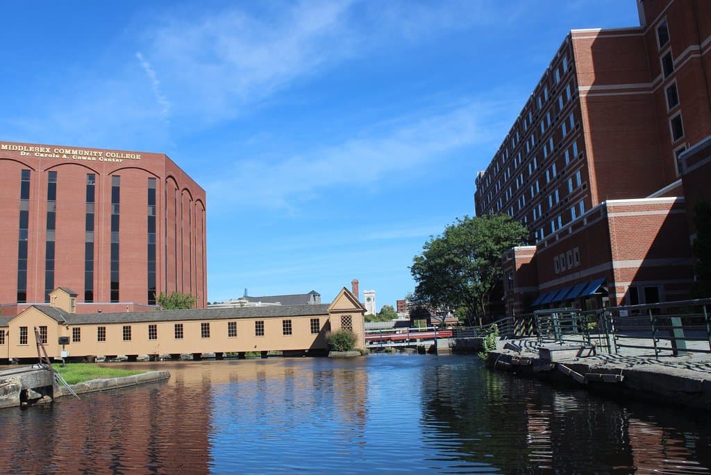 Canal view of the UMass Lowell Inn and Conference Center