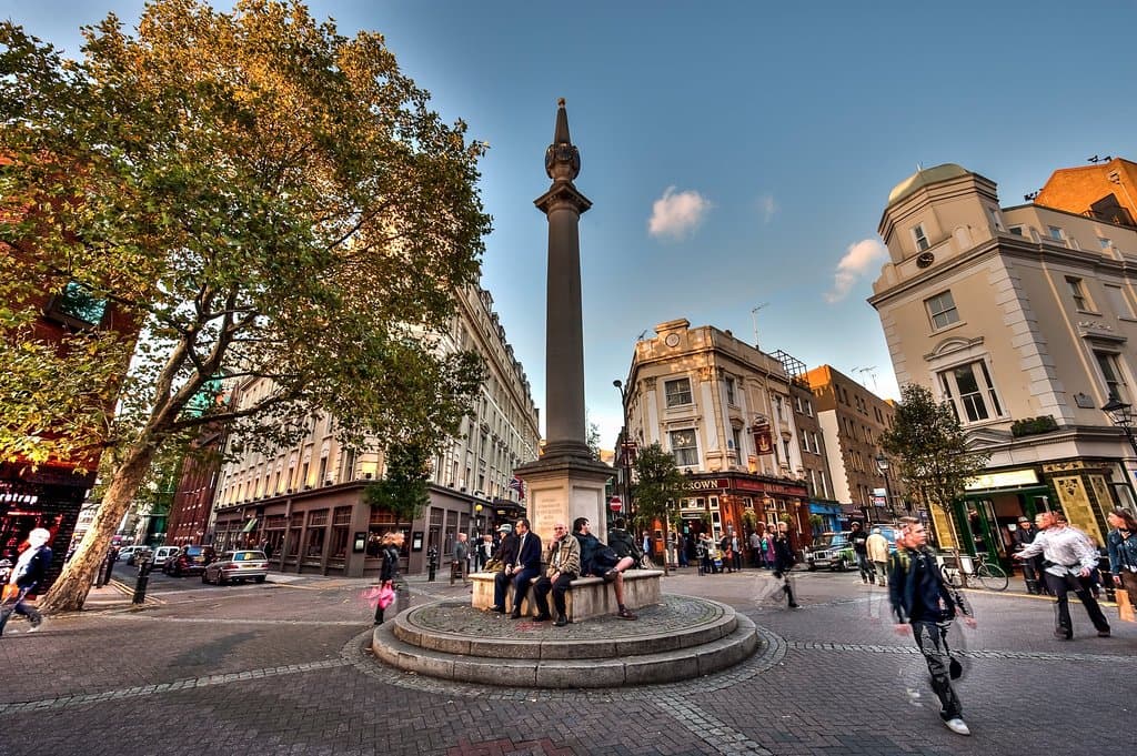Seven Dials at dusk 