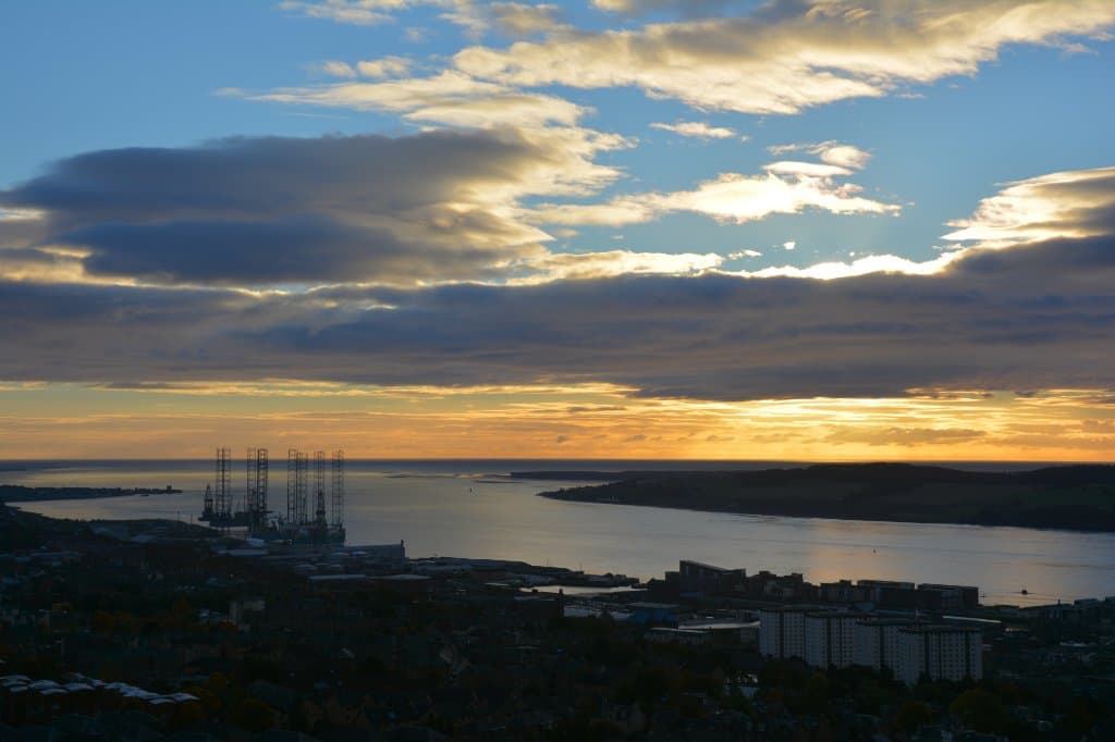 This early morning view is from the top of Dundee Law looking out over Dundee to the Tay estuary