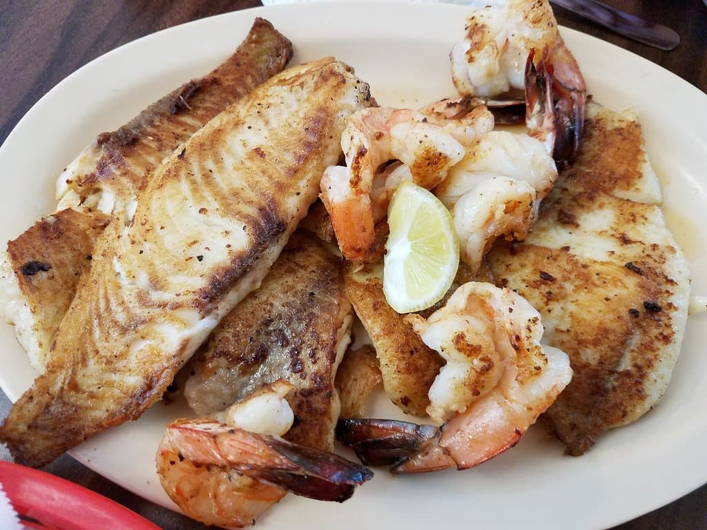 Mullet, Shrimp, Tilapia, cheese grits