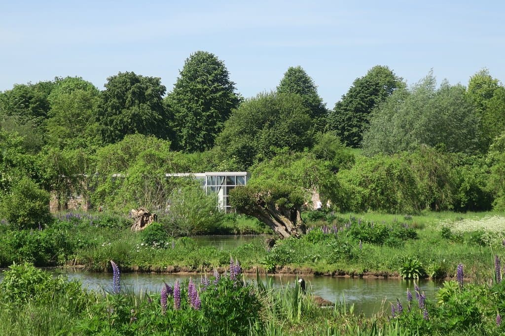 het park met op de achtergrond het restaurant