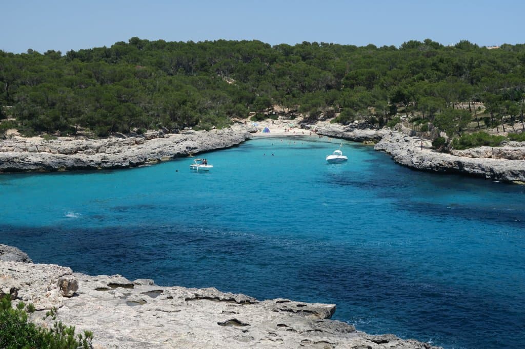 View of hidden beach around Cala Mondrago
