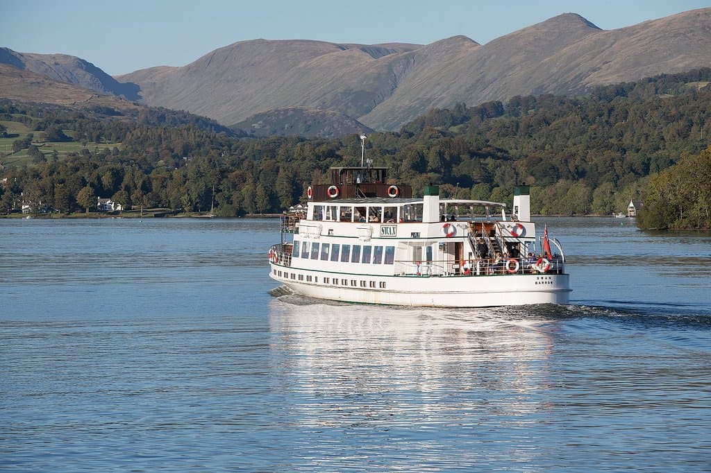 Steamer MV Swan on the Red Cruise from Bowness to Ambleside. The journey takes just over 30 minu