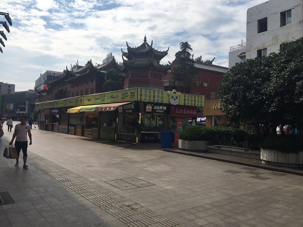 Old structures in the busy shopping streets.