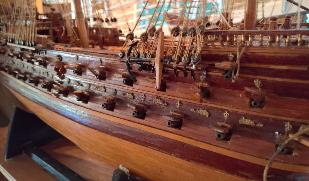 Model of ancient naval sailing ship on display in main exhibition